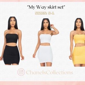 Black, White, and Yellow Tube Top and Skirt Set
